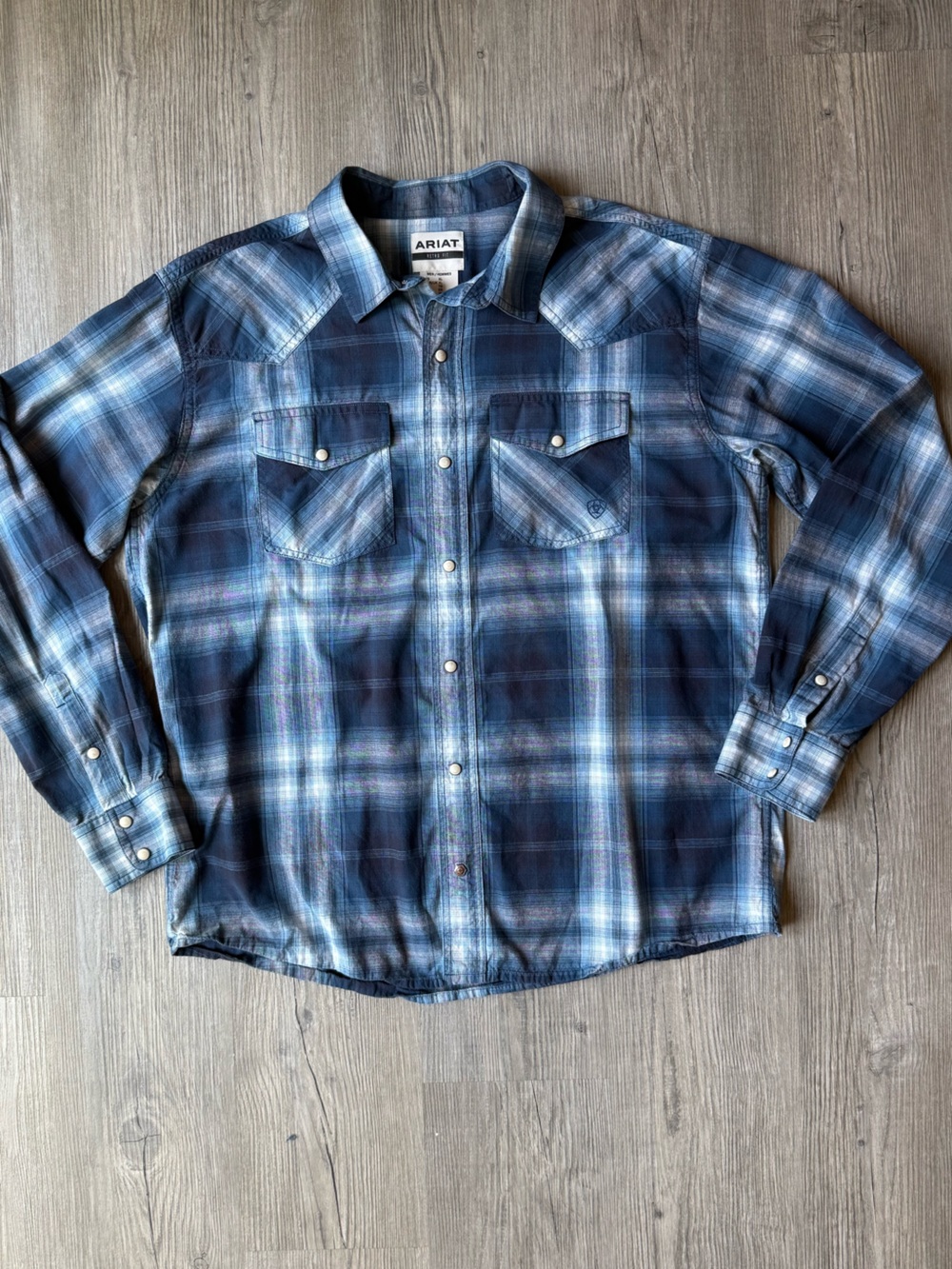 Ariat Western Shirt Mens XL Blue Plaid Retro Fit Pearl Snap Long Sleeve
